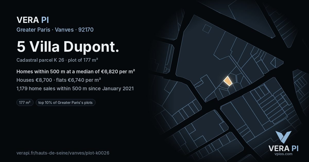 5 Villa Dupont, Vanves at night – the plot lit, the parcels around coloured by the prices near them