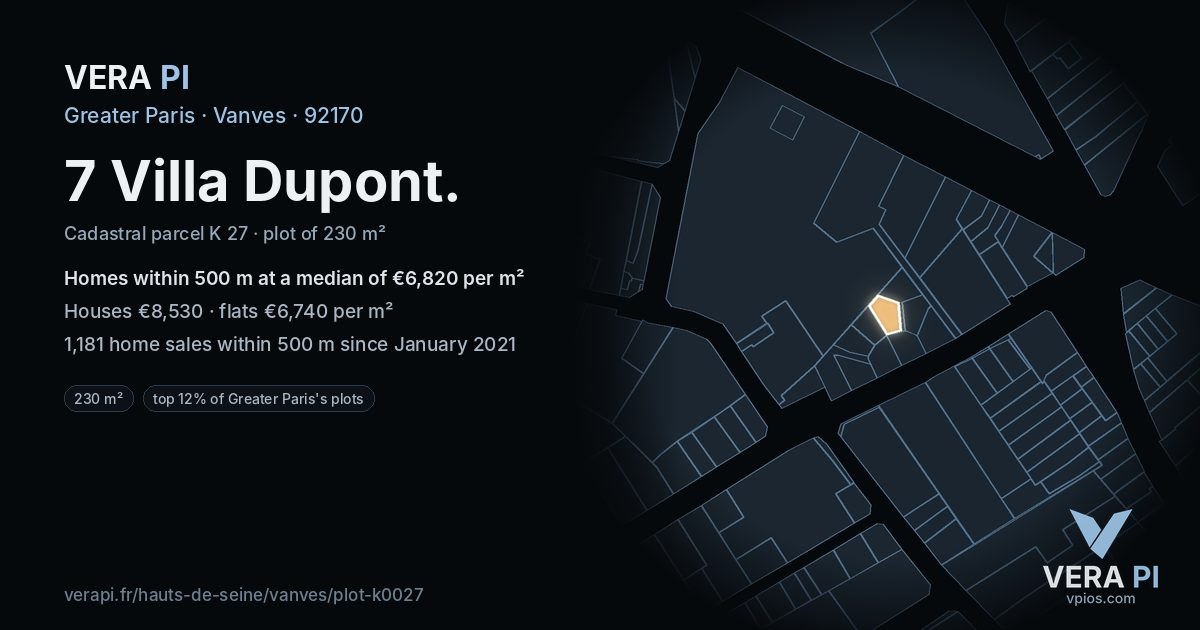 7 Villa Dupont, Vanves at night – the plot lit, the parcels around coloured by the prices near them