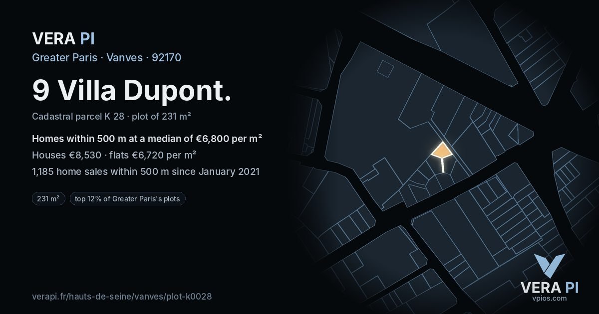9 Villa Dupont, Vanves at night – the plot lit, the parcels around coloured by the prices near them