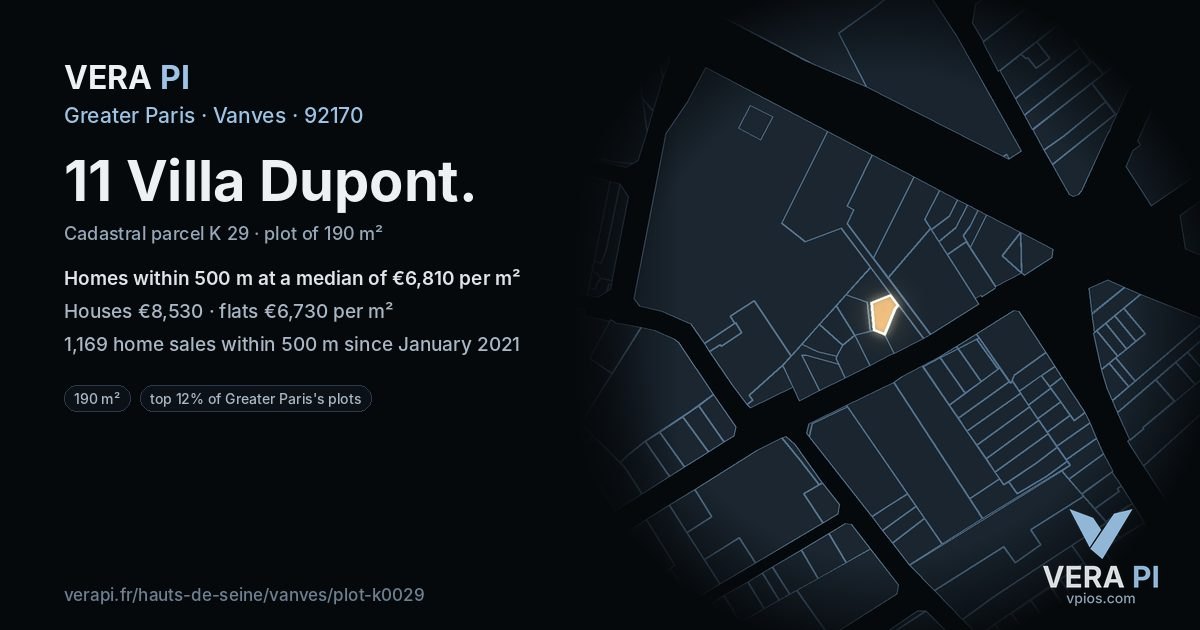 11 Villa Dupont, Vanves at night – the plot lit, the parcels around coloured by the prices near them