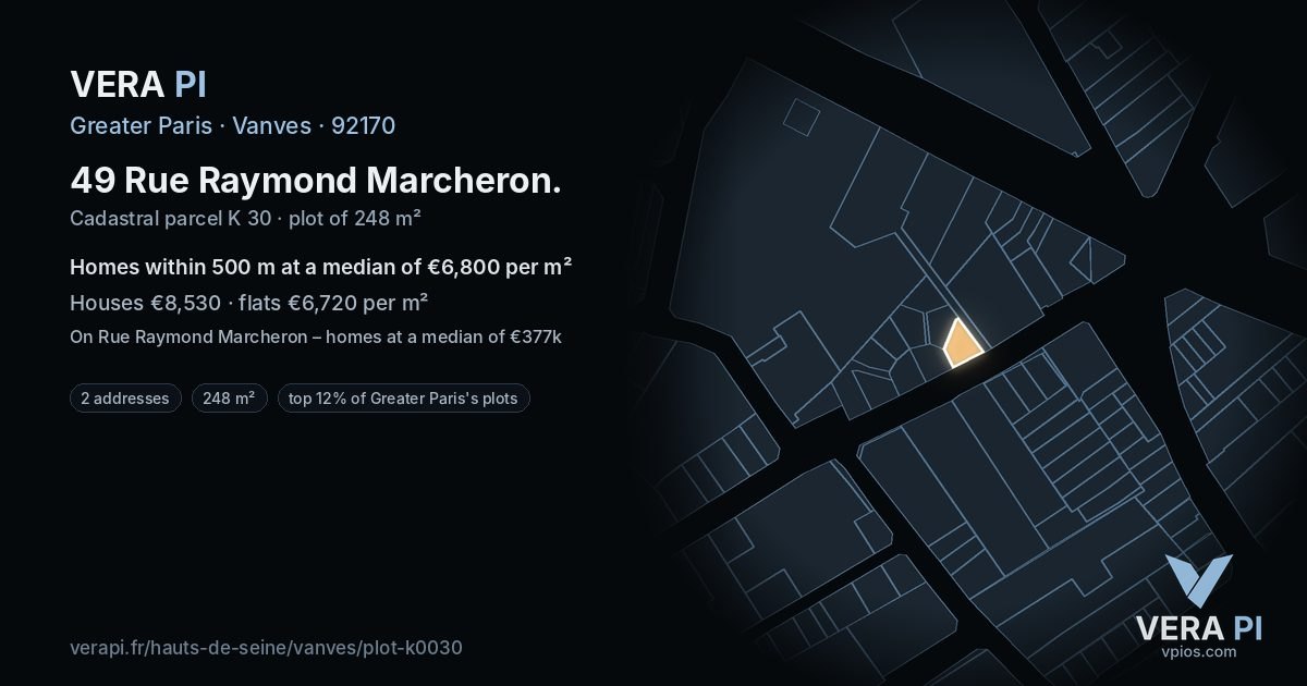 49 Rue Raymond Marcheron, Vanves at night – the plot lit, the parcels around coloured by the prices near them