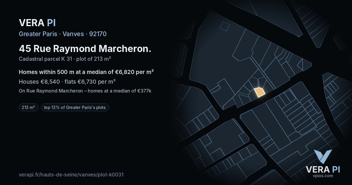 45 Rue Raymond Marcheron, Vanves at night – the plot lit, the parcels around coloured by the prices near them