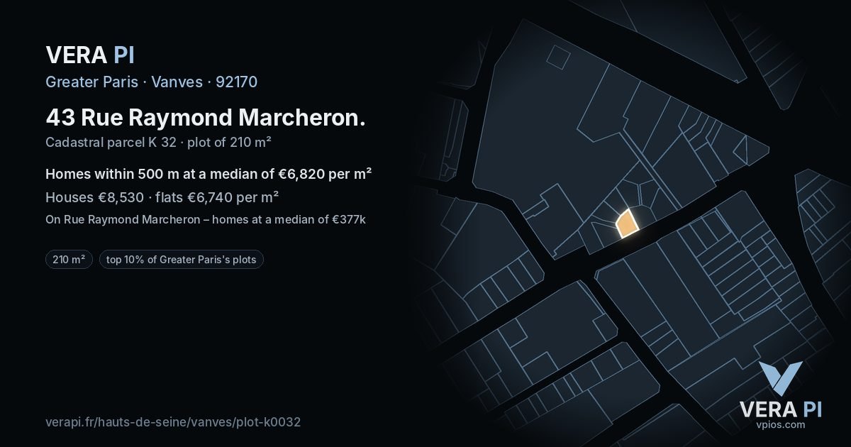 43 Rue Raymond Marcheron, Vanves at night – the plot lit, the parcels around coloured by the prices near them