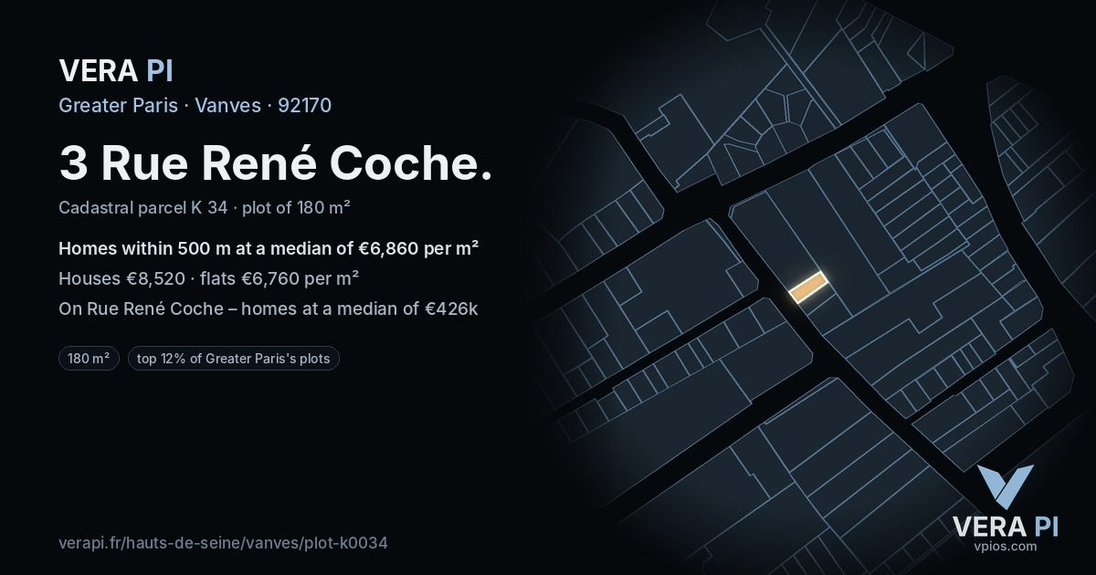 3 Rue René Coche, Vanves at night – the plot lit, the parcels around coloured by the prices near them