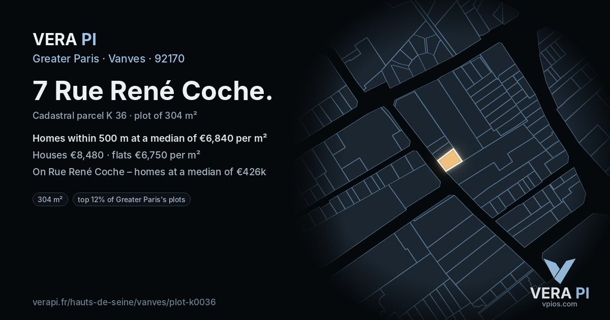 7 Rue René Coche, Vanves at night – the plot lit, the parcels around coloured by the prices near them