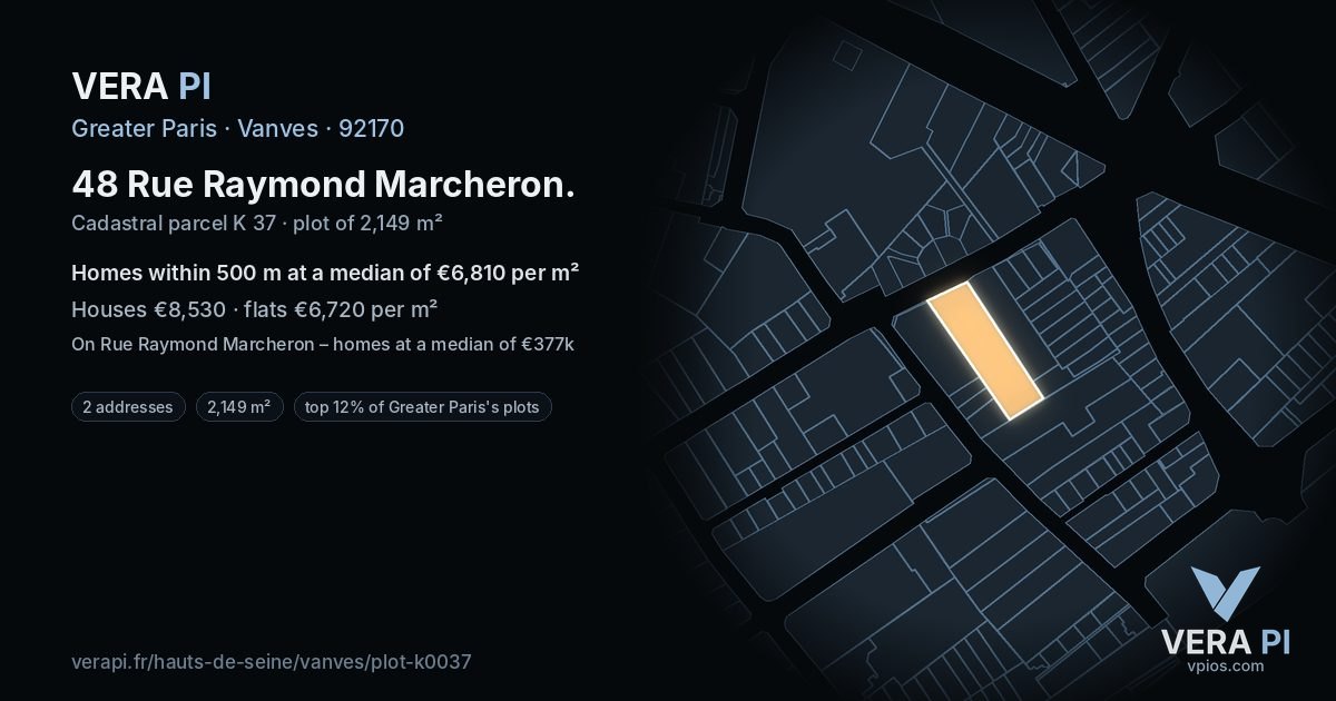 48 Rue Raymond Marcheron, Vanves at night – the plot lit, the parcels around coloured by the prices near them