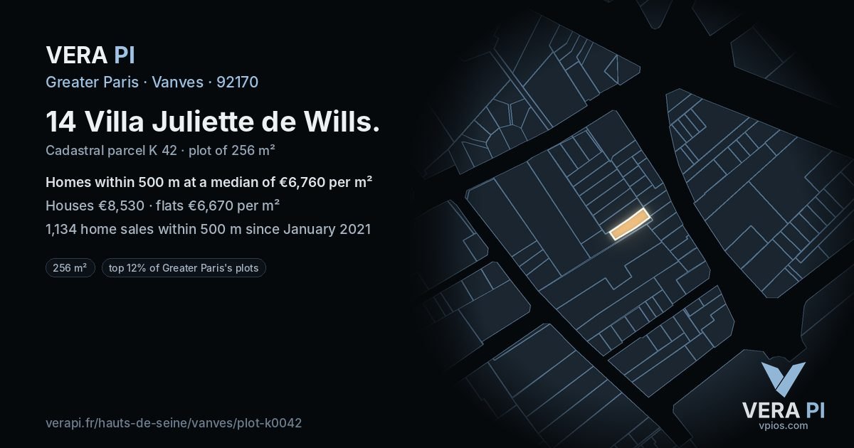 14 Villa Juliette de Wills, Vanves at night – the plot lit, the parcels around coloured by the prices near them