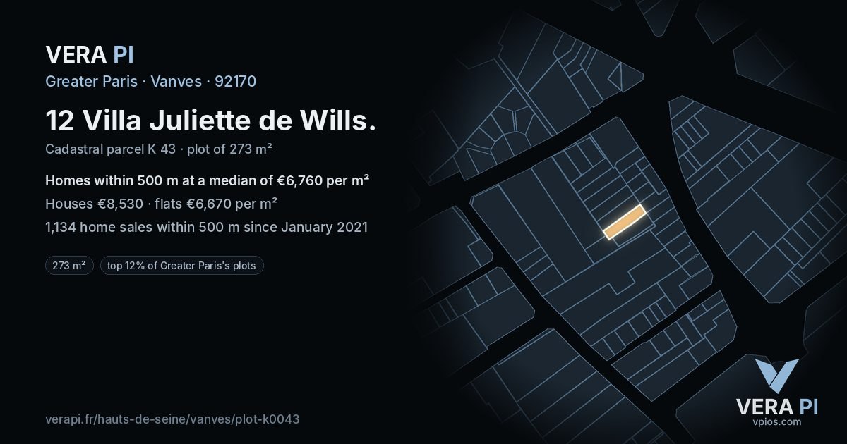 12 Villa Juliette de Wills, Vanves at night – the plot lit, the parcels around coloured by the prices near them