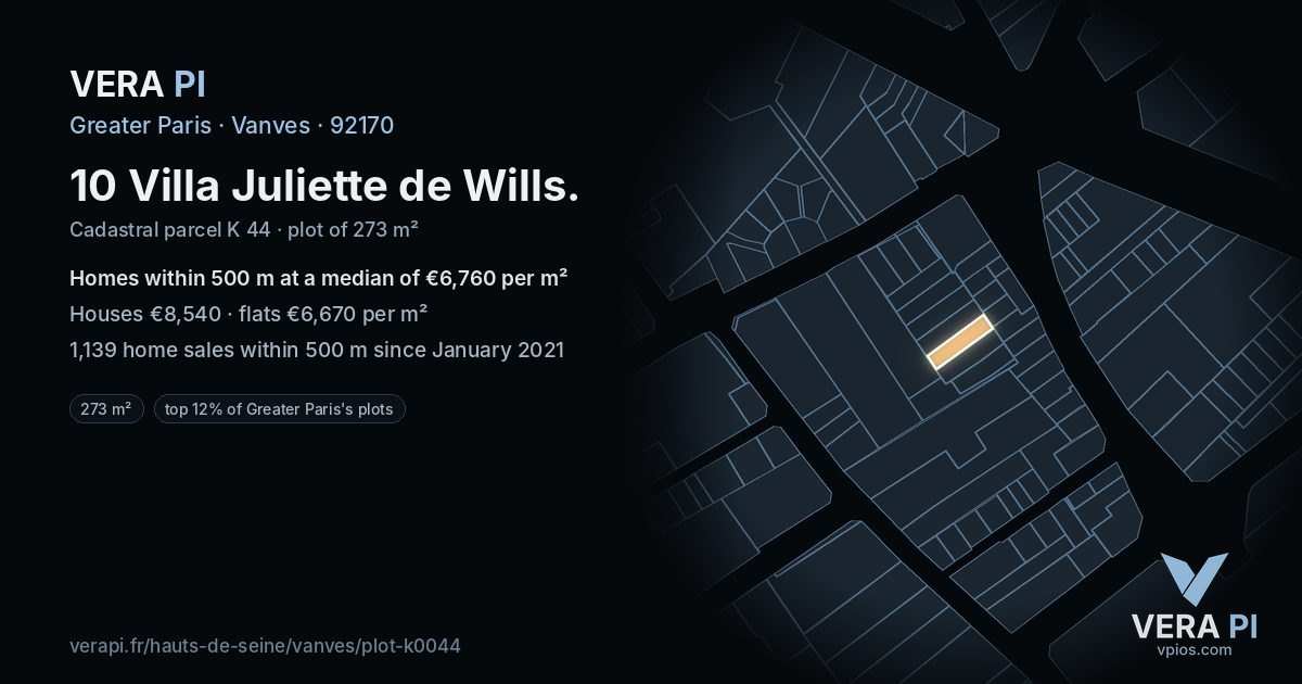 10 Villa Juliette de Wills, Vanves at night – the plot lit, the parcels around coloured by the prices near them