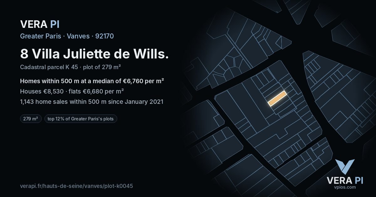 8 Villa Juliette de Wills, Vanves at night – the plot lit, the parcels around coloured by the prices near them