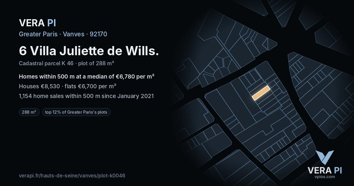 6 Villa Juliette de Wills, Vanves at night – the plot lit, the parcels around coloured by the prices near them