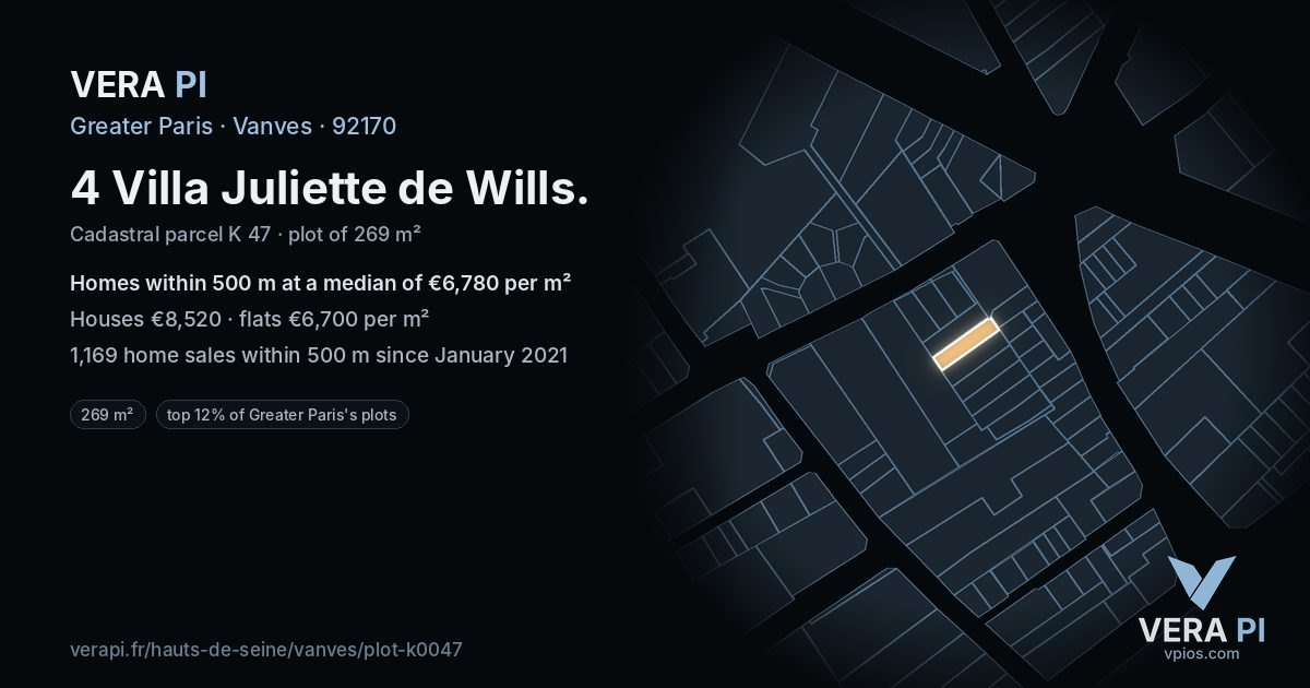 4 Villa Juliette de Wills, Vanves at night – the plot lit, the parcels around coloured by the prices near them
