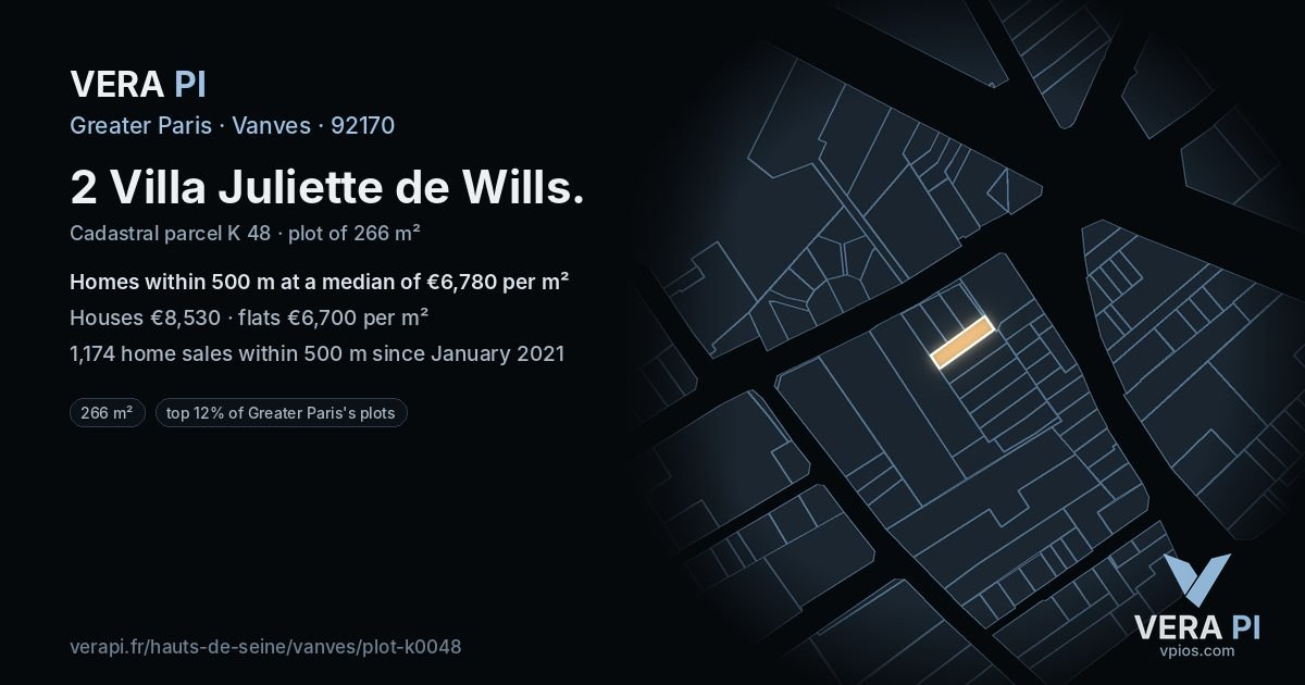 2 Villa Juliette de Wills, Vanves at night – the plot lit, the parcels around coloured by the prices near them