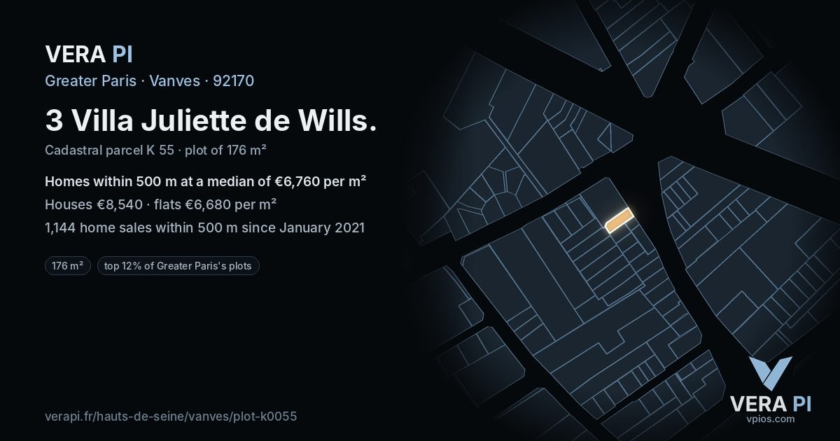 3 Villa Juliette de Wills, Vanves at night – the plot lit, the parcels around coloured by the prices near them