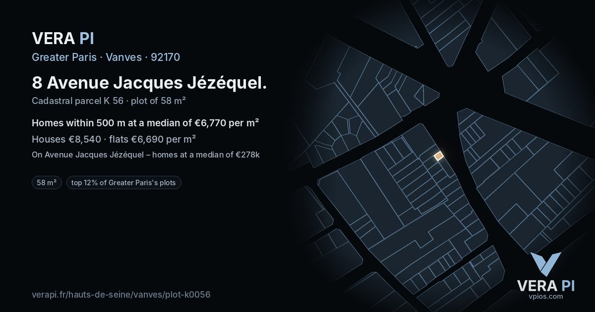 8 Avenue Jacques Jézéquel, Vanves at night – the plot lit, the parcels around coloured by the prices near them