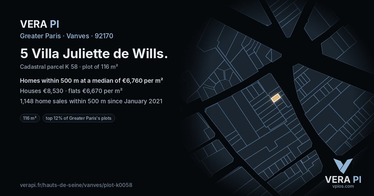 5 Villa Juliette de Wills, Vanves at night – the plot lit, the parcels around coloured by the prices near them