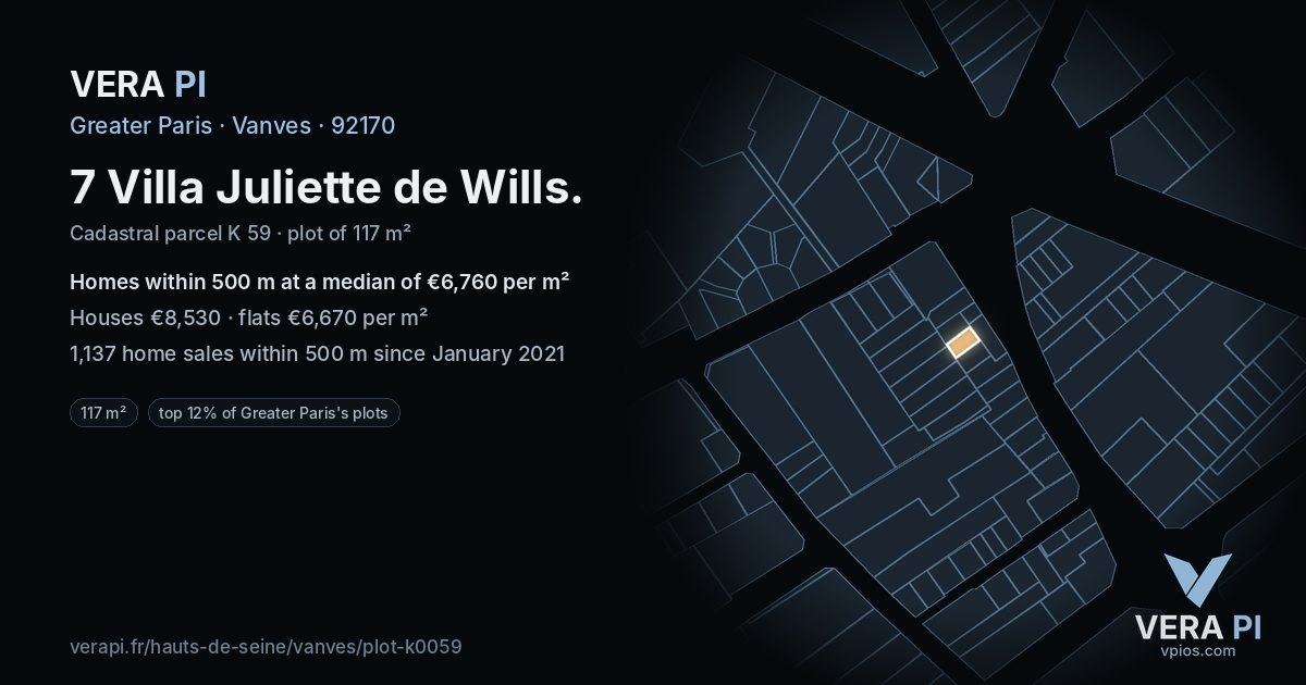 7 Villa Juliette de Wills, Vanves at night – the plot lit, the parcels around coloured by the prices near them