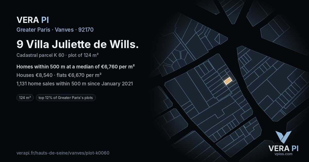 9 Villa Juliette de Wills, Vanves at night – the plot lit, the parcels around coloured by the prices near them