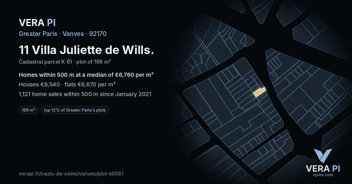 11 Villa Juliette de Wills, Vanves at night – the plot lit, the parcels around coloured by the prices near them