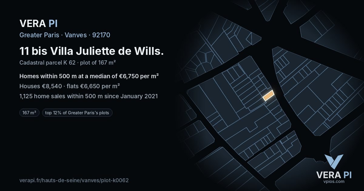 11 bis Villa Juliette de Wills, Vanves at night – the plot lit, the parcels around coloured by the prices near them