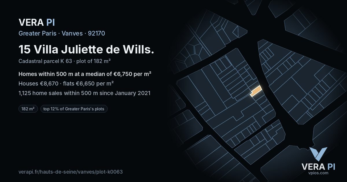 15 Villa Juliette de Wills, Vanves at night – the plot lit, the parcels around coloured by the prices near them