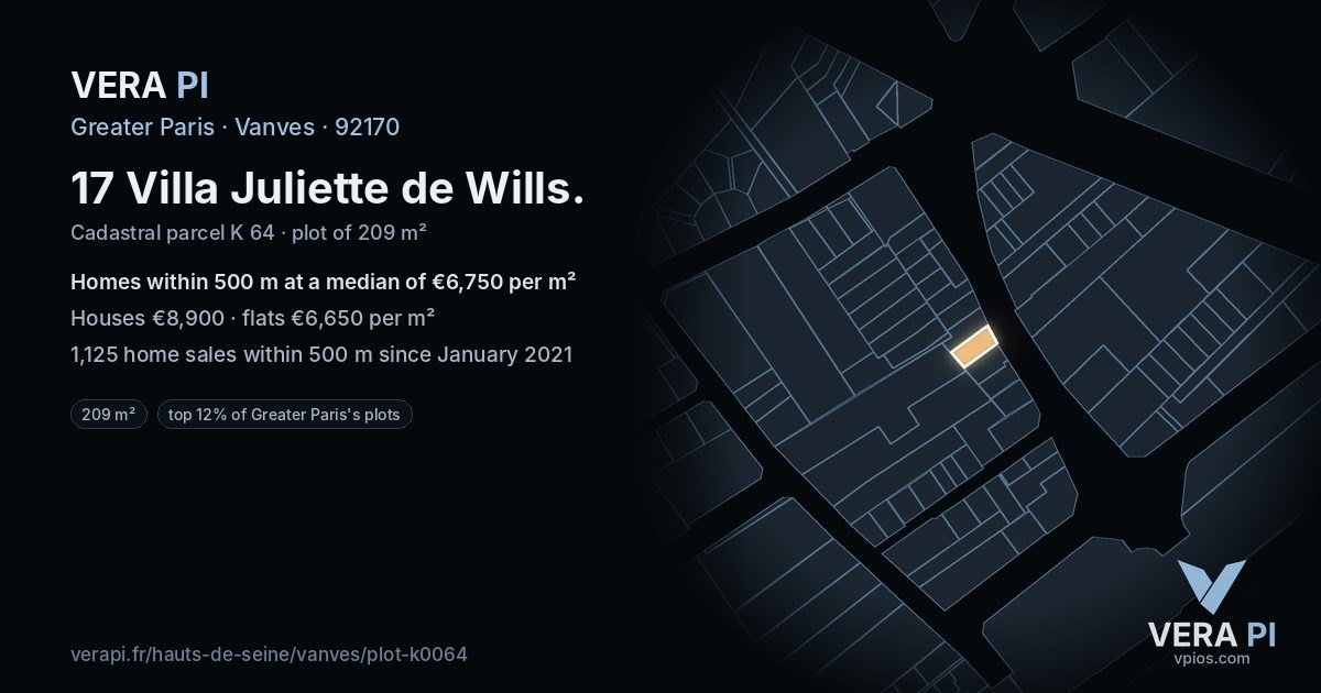17 Villa Juliette de Wills, Vanves at night – the plot lit, the parcels around coloured by the prices near them