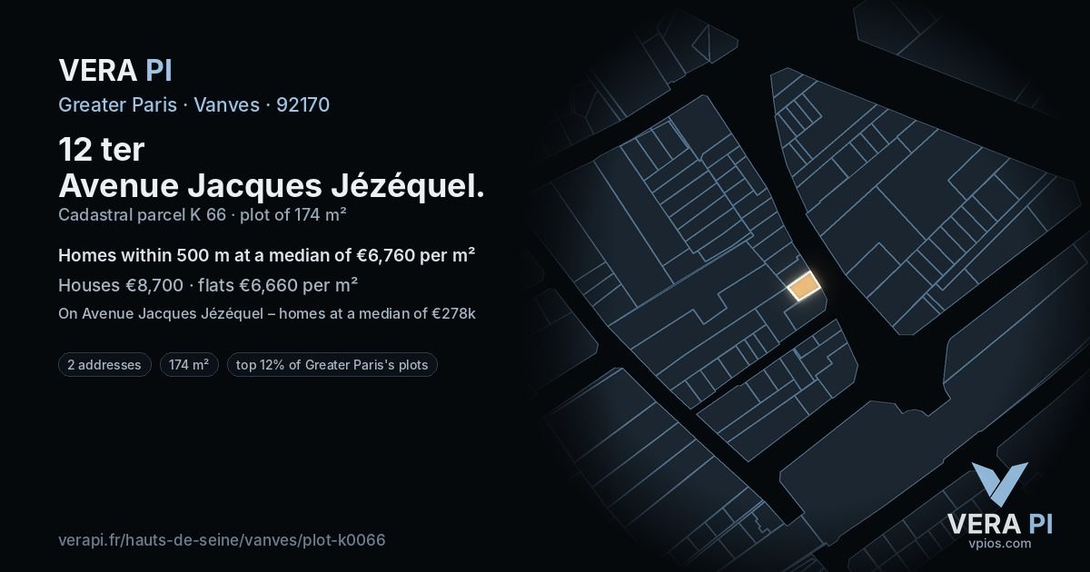 12 ter Avenue Jacques Jézéquel, Vanves at night – the plot lit, the parcels around coloured by the prices near them