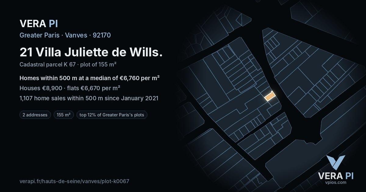 21 Villa Juliette de Wills, Vanves at night – the plot lit, the parcels around coloured by the prices near them