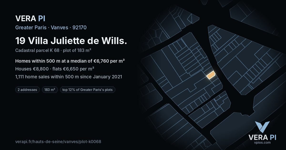 19 Villa Juliette de Wills, Vanves at night – the plot lit, the parcels around coloured by the prices near them