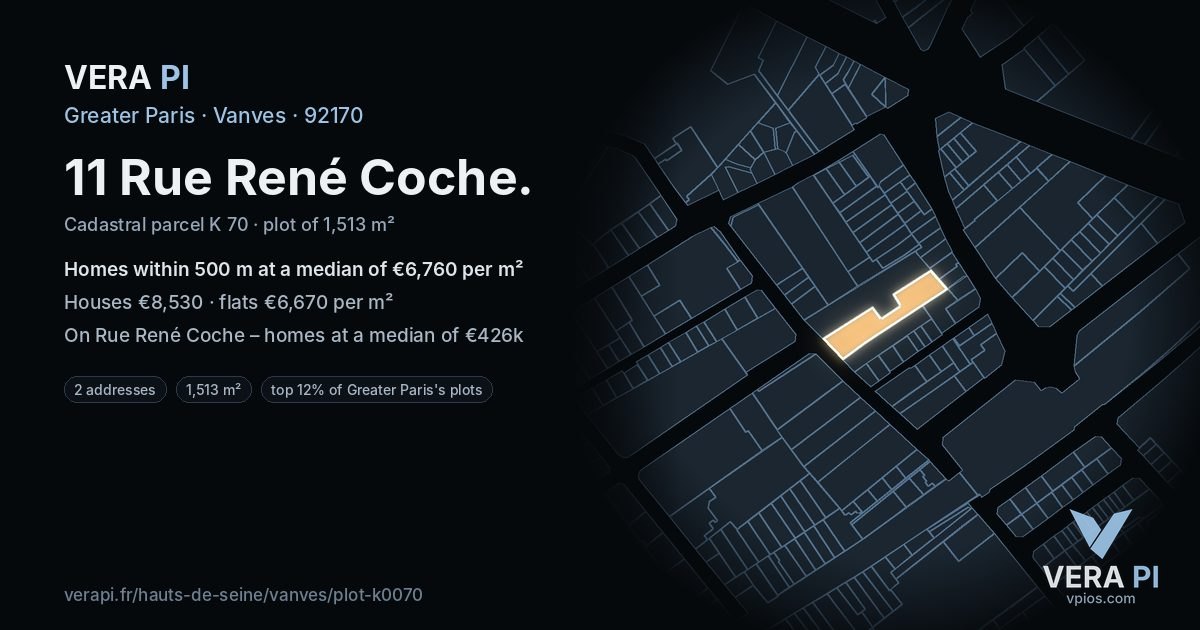 11 Rue René Coche, Vanves at night – the plot lit, the parcels around coloured by the prices near them