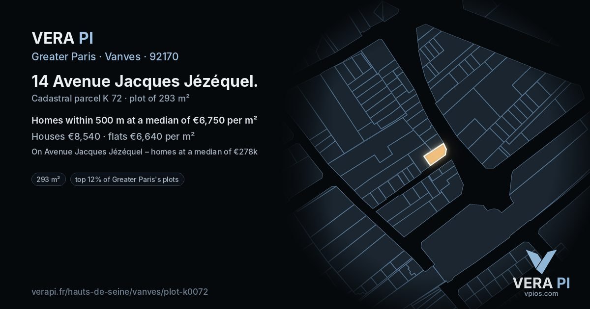14 Avenue Jacques Jézéquel, Vanves at night – the plot lit, the parcels around coloured by the prices near them