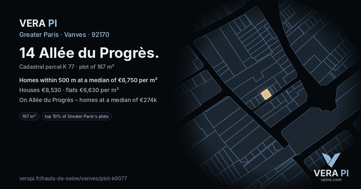 14 Allée du Progrès, Vanves at night – the plot lit, the parcels around coloured by the prices near them