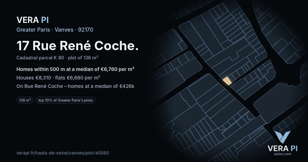 17 Rue René Coche, Vanves at night – the plot lit, the parcels around coloured by the prices near them