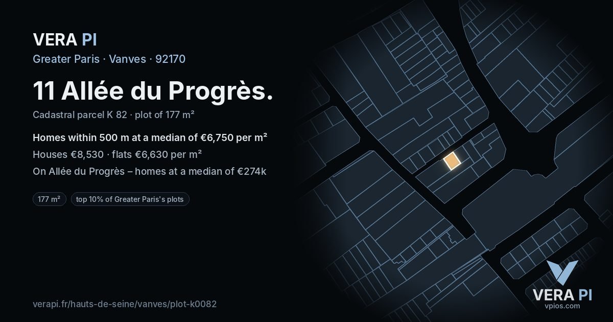 11 Allée du Progrès, Vanves at night – the plot lit, the parcels around coloured by the prices near them