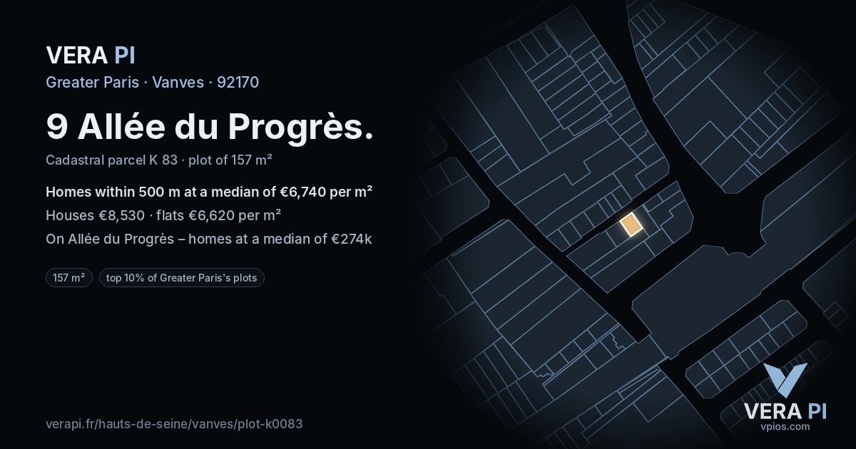 9 Allée du Progrès, Vanves at night – the plot lit, the parcels around coloured by the prices near them