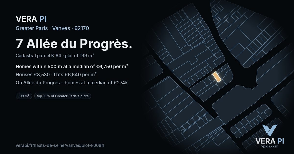 7 Allée du Progrès, Vanves at night – the plot lit, the parcels around coloured by the prices near them