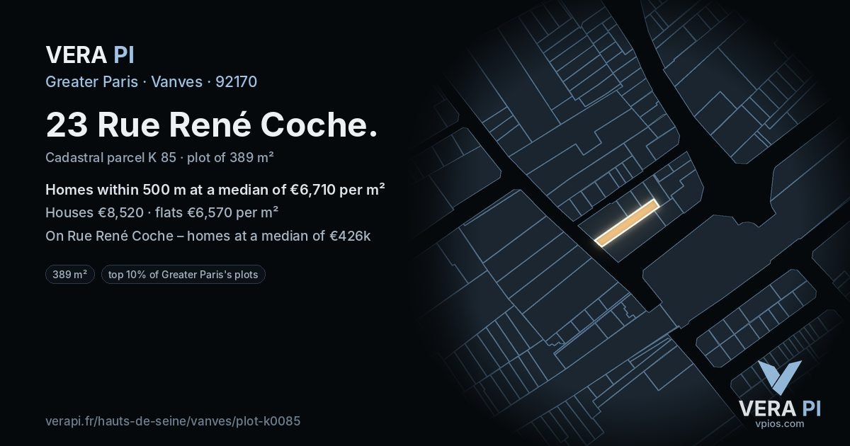 23 Rue René Coche, Vanves at night – the plot lit, the parcels around coloured by the prices near them