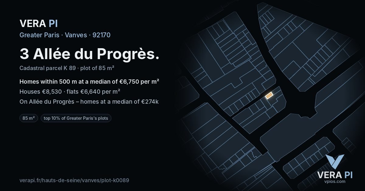 3 Allée du Progrès, Vanves at night – the plot lit, the parcels around coloured by the prices near them