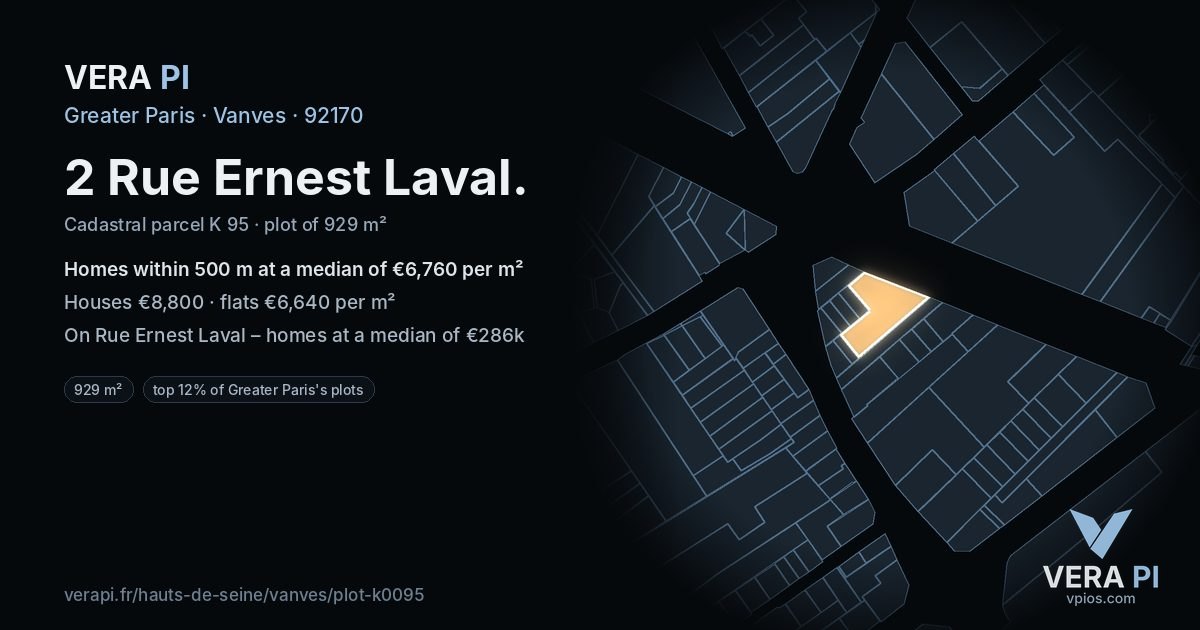 2 Rue Ernest Laval, Vanves at night – the plot lit, the parcels around coloured by the prices near them