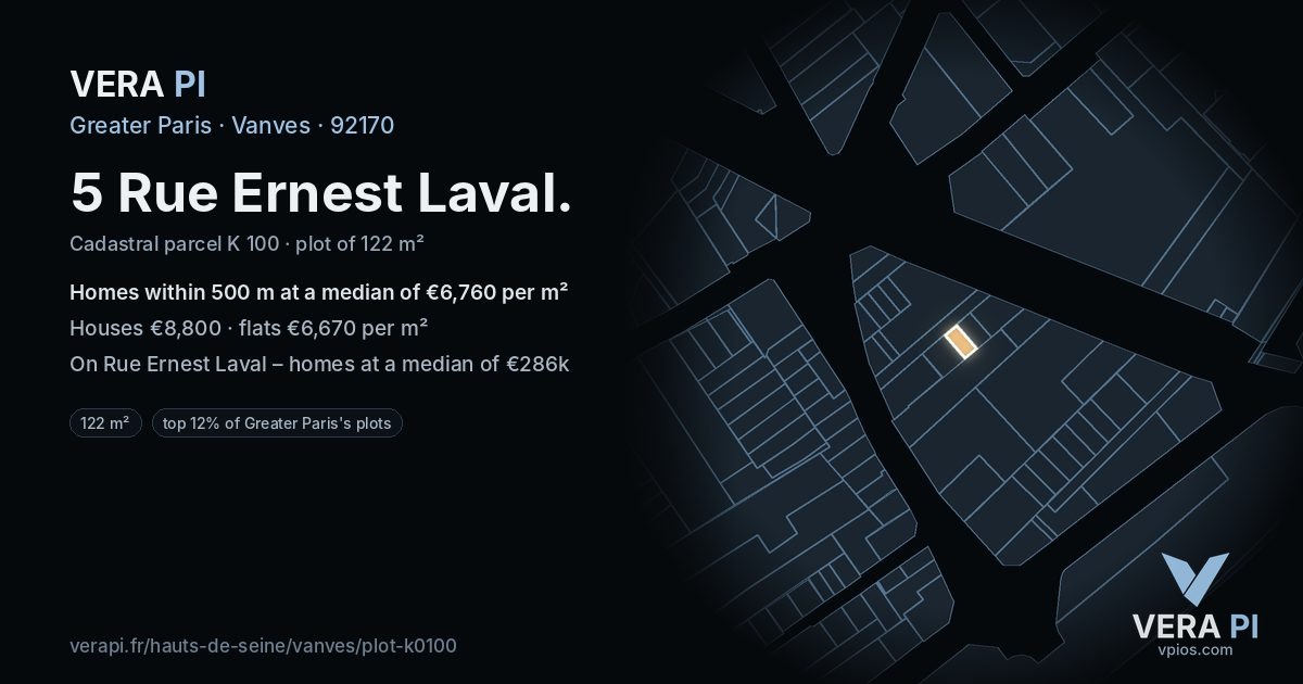 5 Rue Ernest Laval, Vanves at night – the plot lit, the parcels around coloured by the prices near them