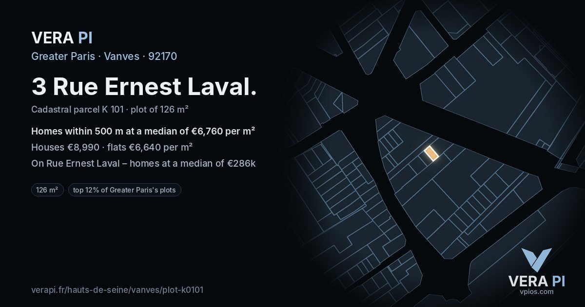 3 Rue Ernest Laval, Vanves at night – the plot lit, the parcels around coloured by the prices near them