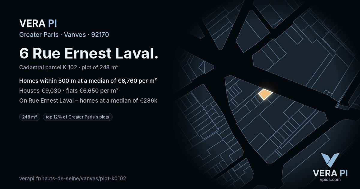 6 Rue Ernest Laval, Vanves at night – the plot lit, the parcels around coloured by the prices near them