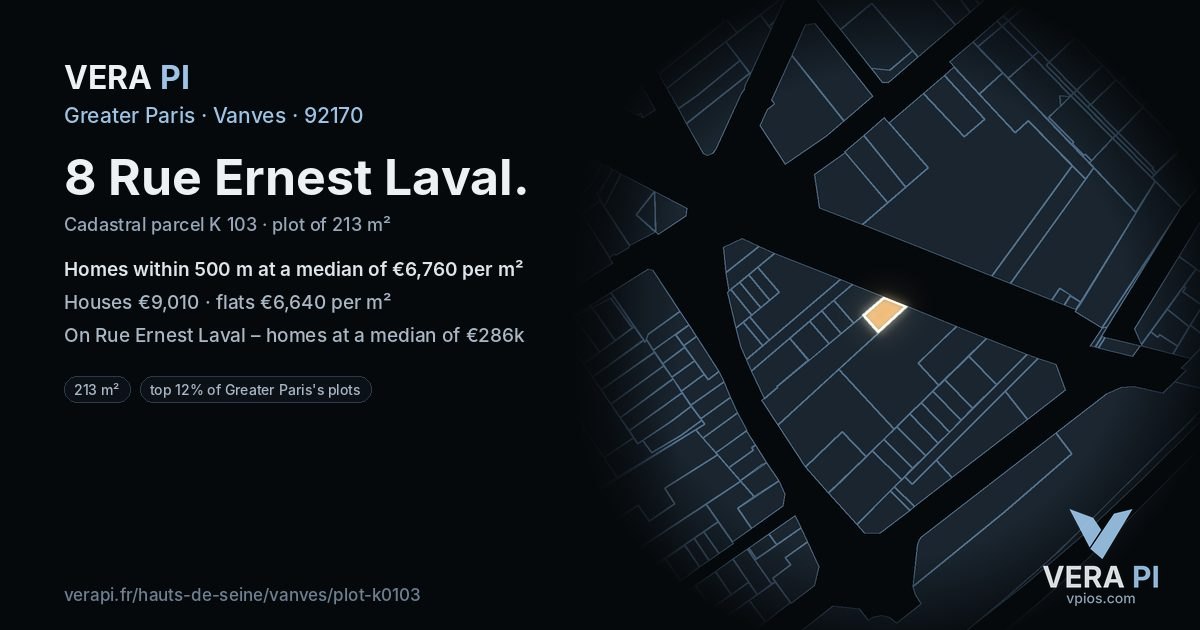 8 Rue Ernest Laval, Vanves at night – the plot lit, the parcels around coloured by the prices near them