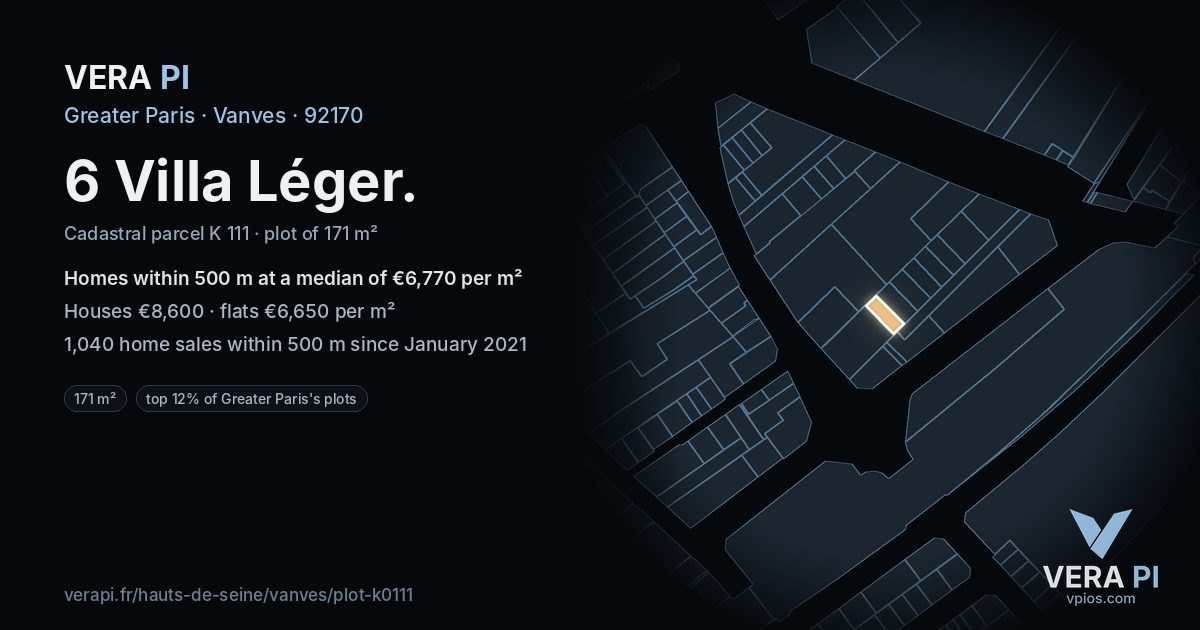 6 Villa Léger, Vanves at night – the plot lit, the parcels around coloured by the prices near them