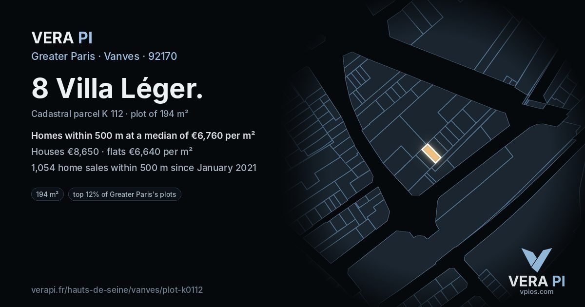 8 Villa Léger, Vanves at night – the plot lit, the parcels around coloured by the prices near them