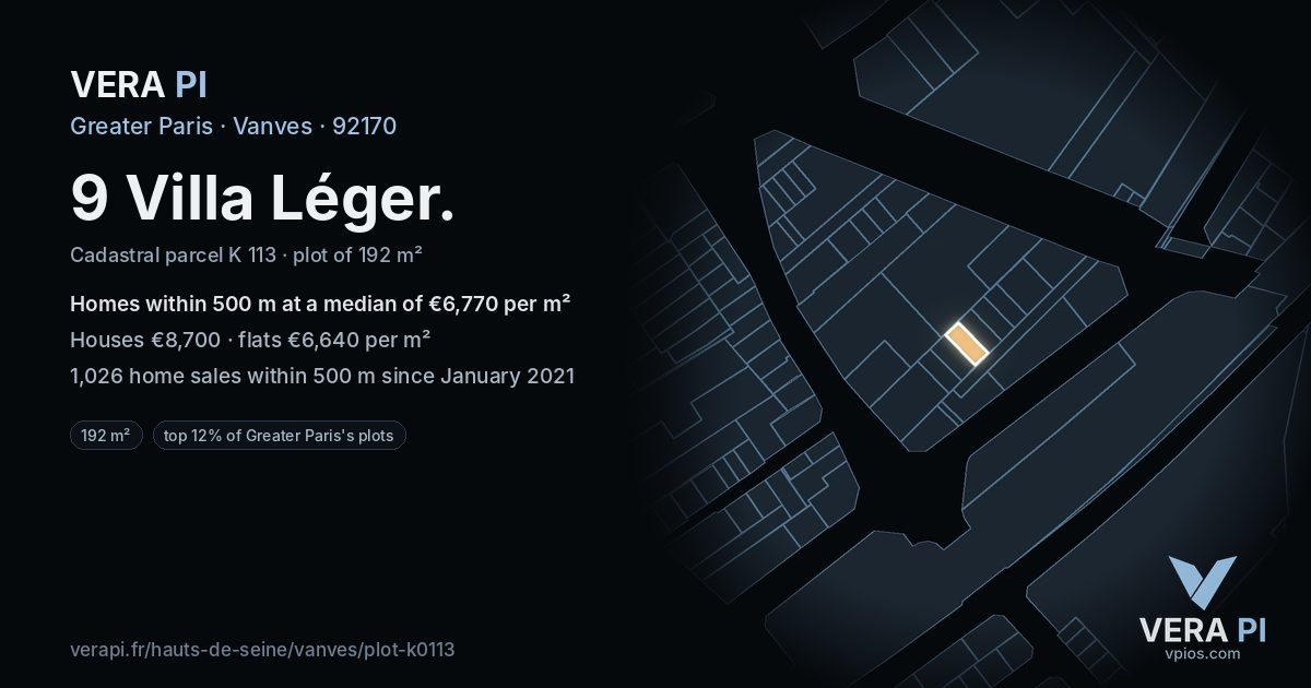 9 Villa Léger, Vanves at night – the plot lit, the parcels around coloured by the prices near them