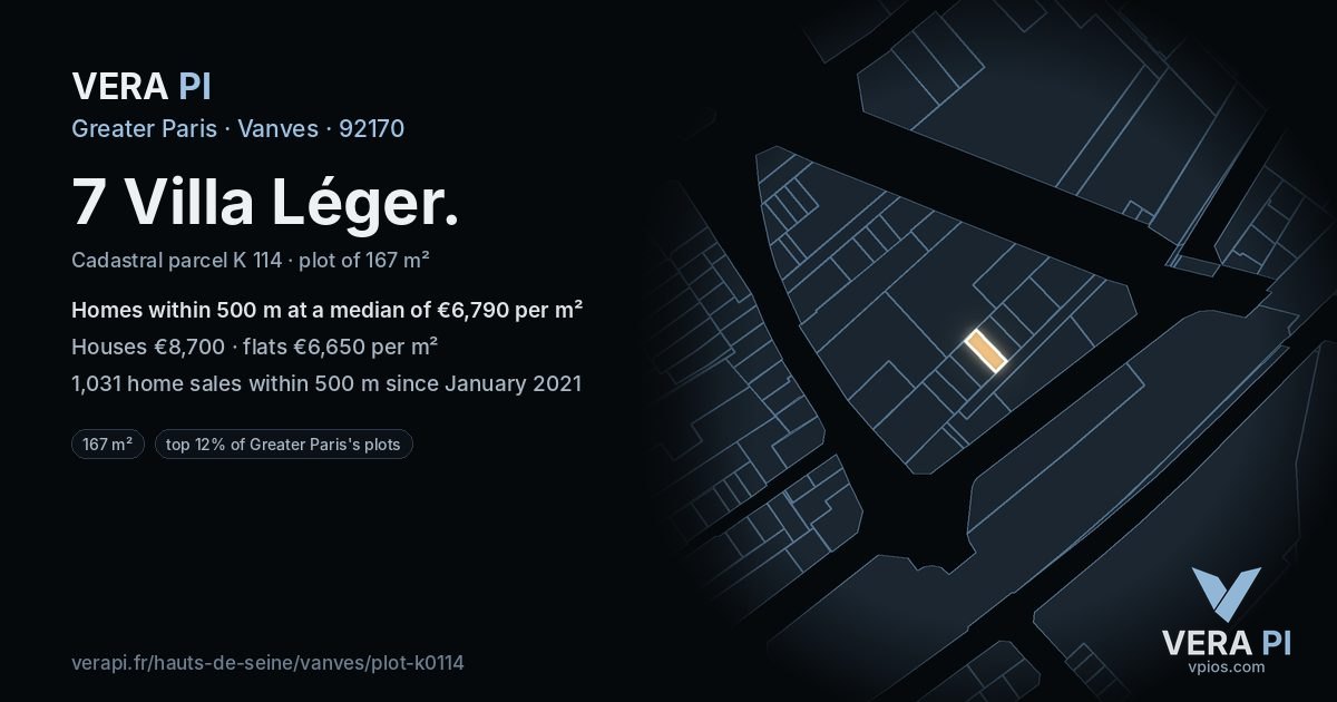 7 Villa Léger, Vanves at night – the plot lit, the parcels around coloured by the prices near them