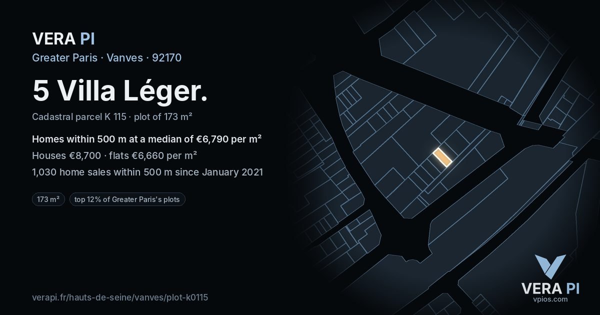 5 Villa Léger, Vanves at night – the plot lit, the parcels around coloured by the prices near them