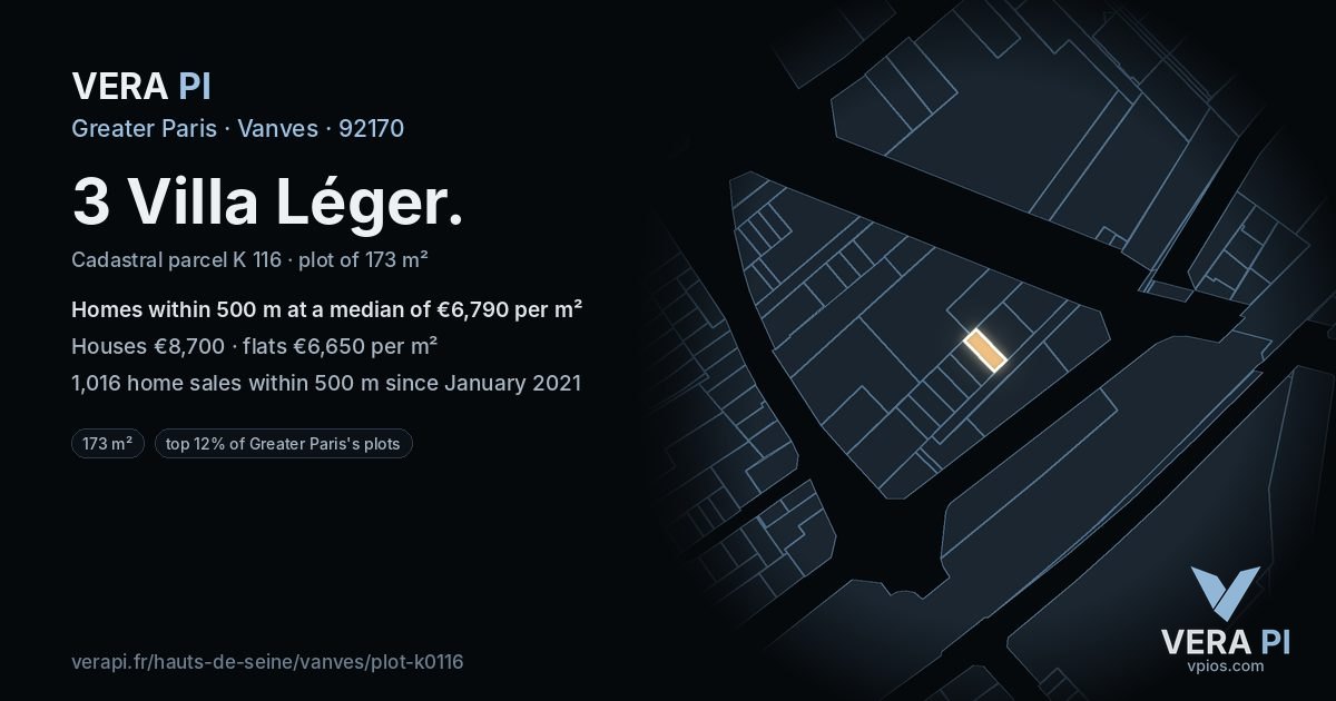 3 Villa Léger, Vanves at night – the plot lit, the parcels around coloured by the prices near them