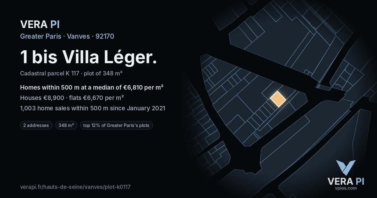 1 bis Villa Léger, Vanves at night – the plot lit, the parcels around coloured by the prices near them